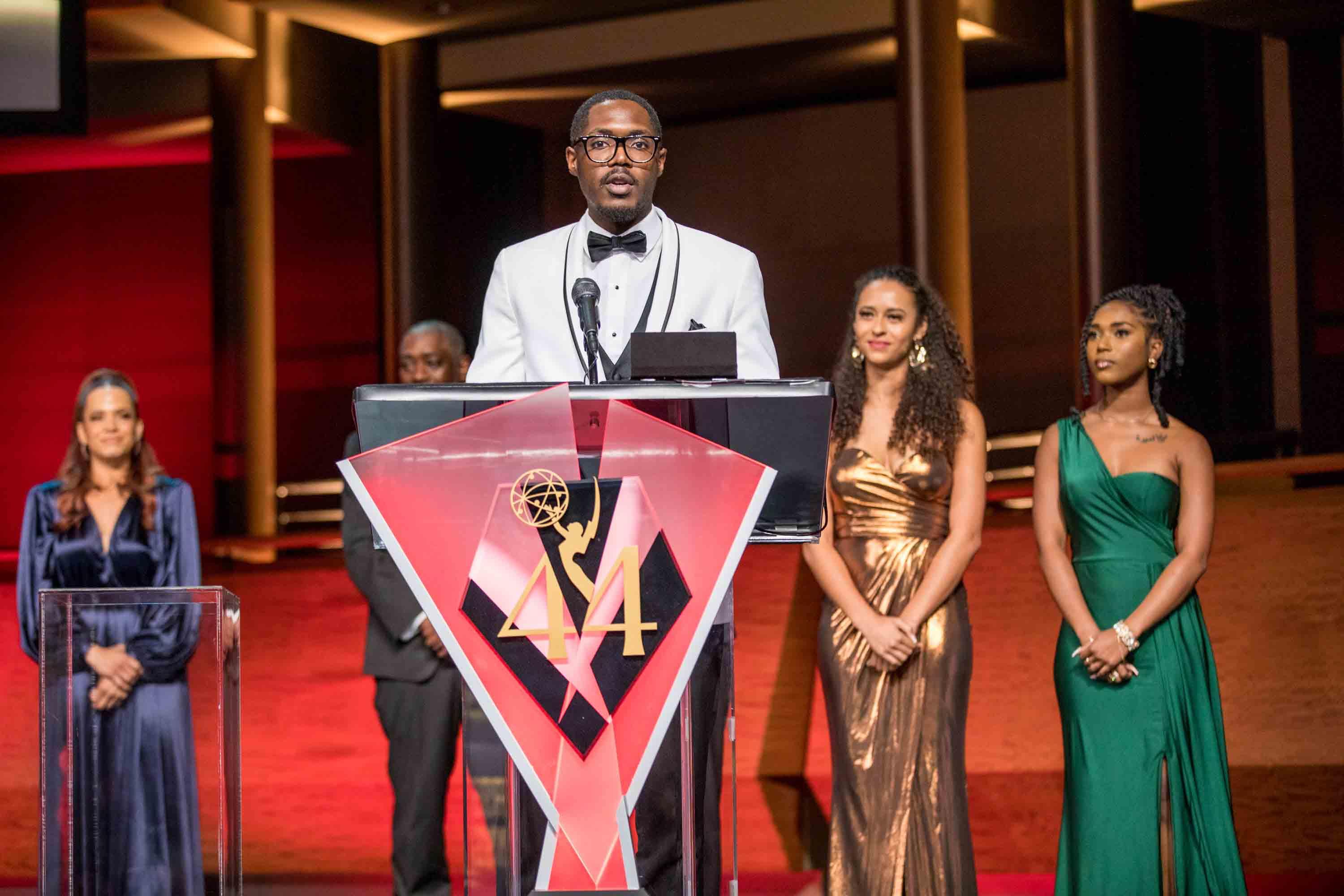 Journalism Student Johnathan David gives acceptance speech for his film "Defy The Odds"at the 44th Annual Sports Emmy Awards for the 2023 Coca-Cola Sports Production Grant